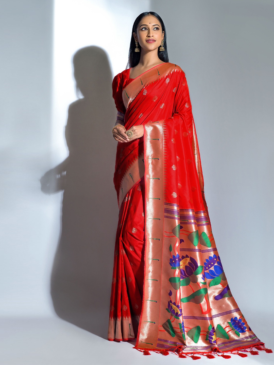 

LeeliPeeri Designer Ethnic Motifs Woven Design Zari Detailed Paithani Saree, Red