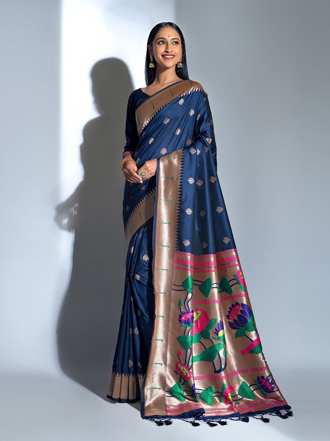 

LeeliPeeri Designer Ethnic Motifs Woven Design Zari Detailed Paithani Saree, Navy blue