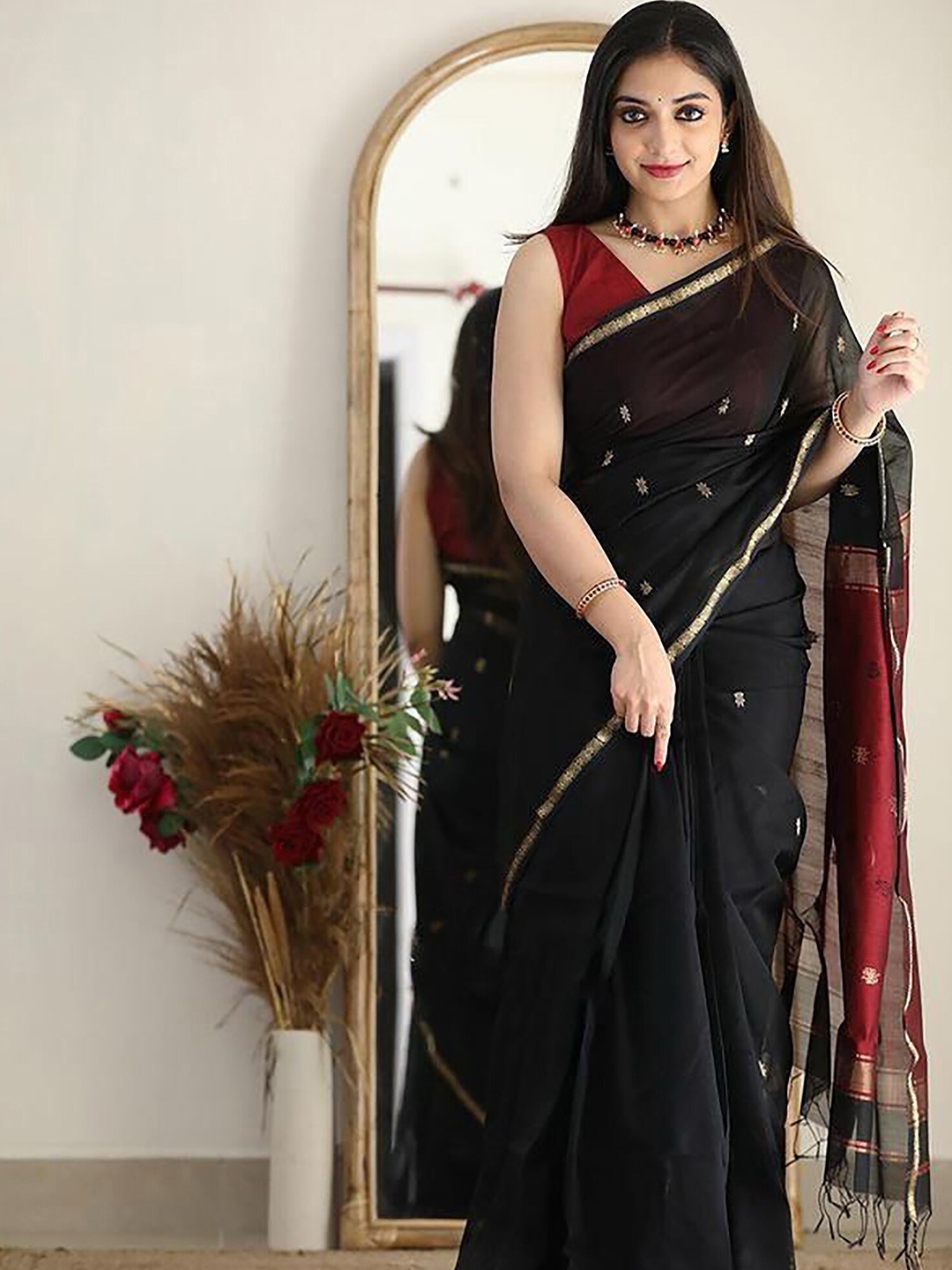 

Anjaneya Sarees Woven Design Zari Silk Blend Banarasi Saree, Black