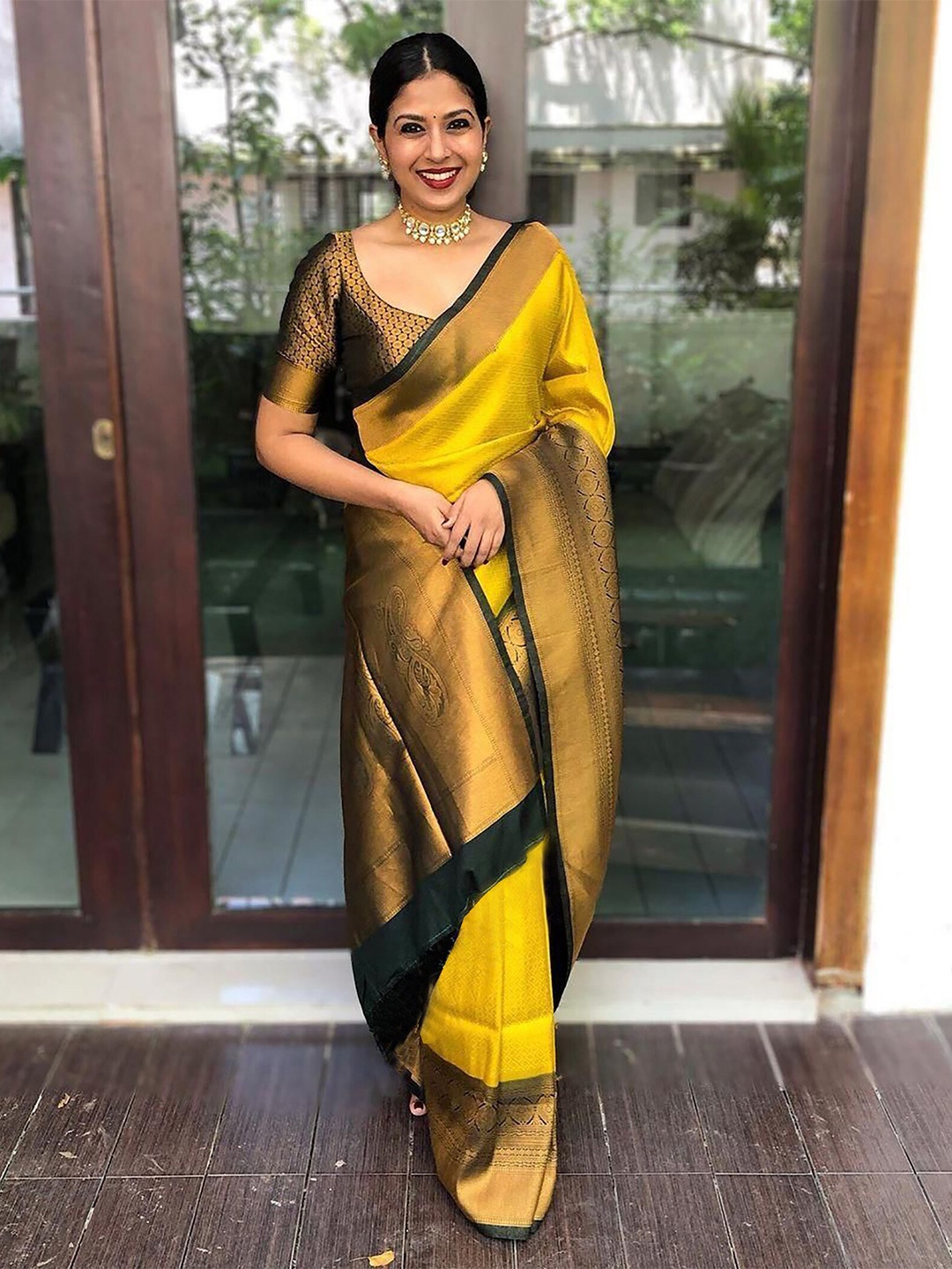 

Anjaneya Sarees Ethnic Motifs Woven Design Zari Banarasi Saree, Yellow