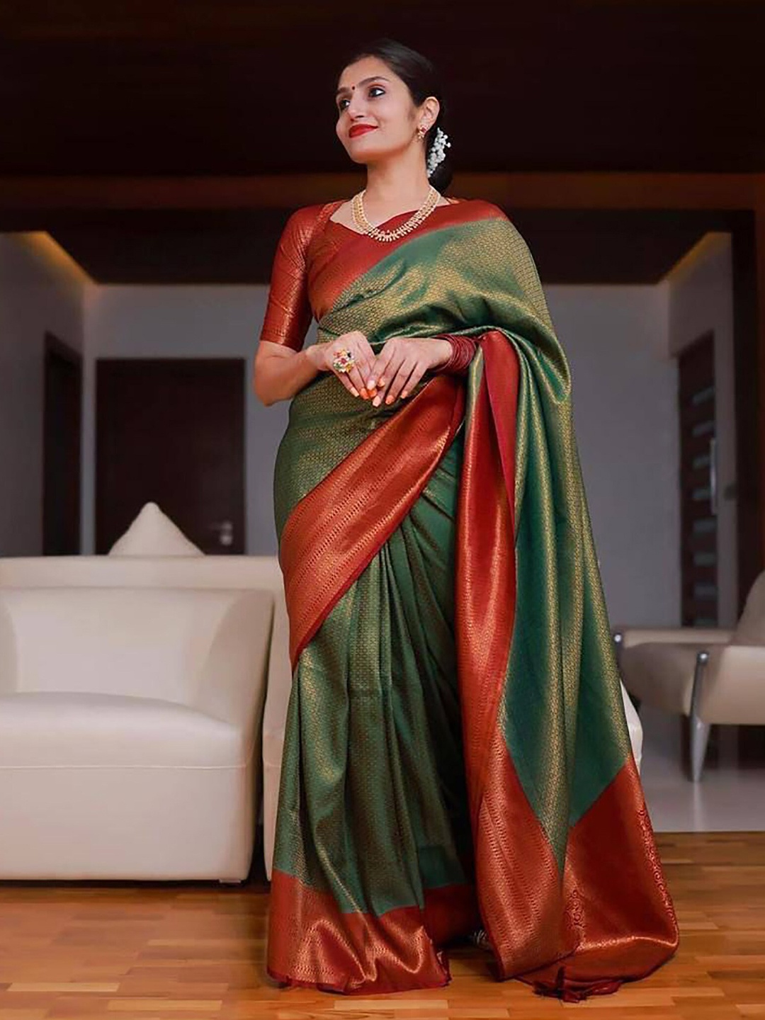 

Anjaneya Sarees Ethnic Woven Design Zari Banarasi Saree, Green