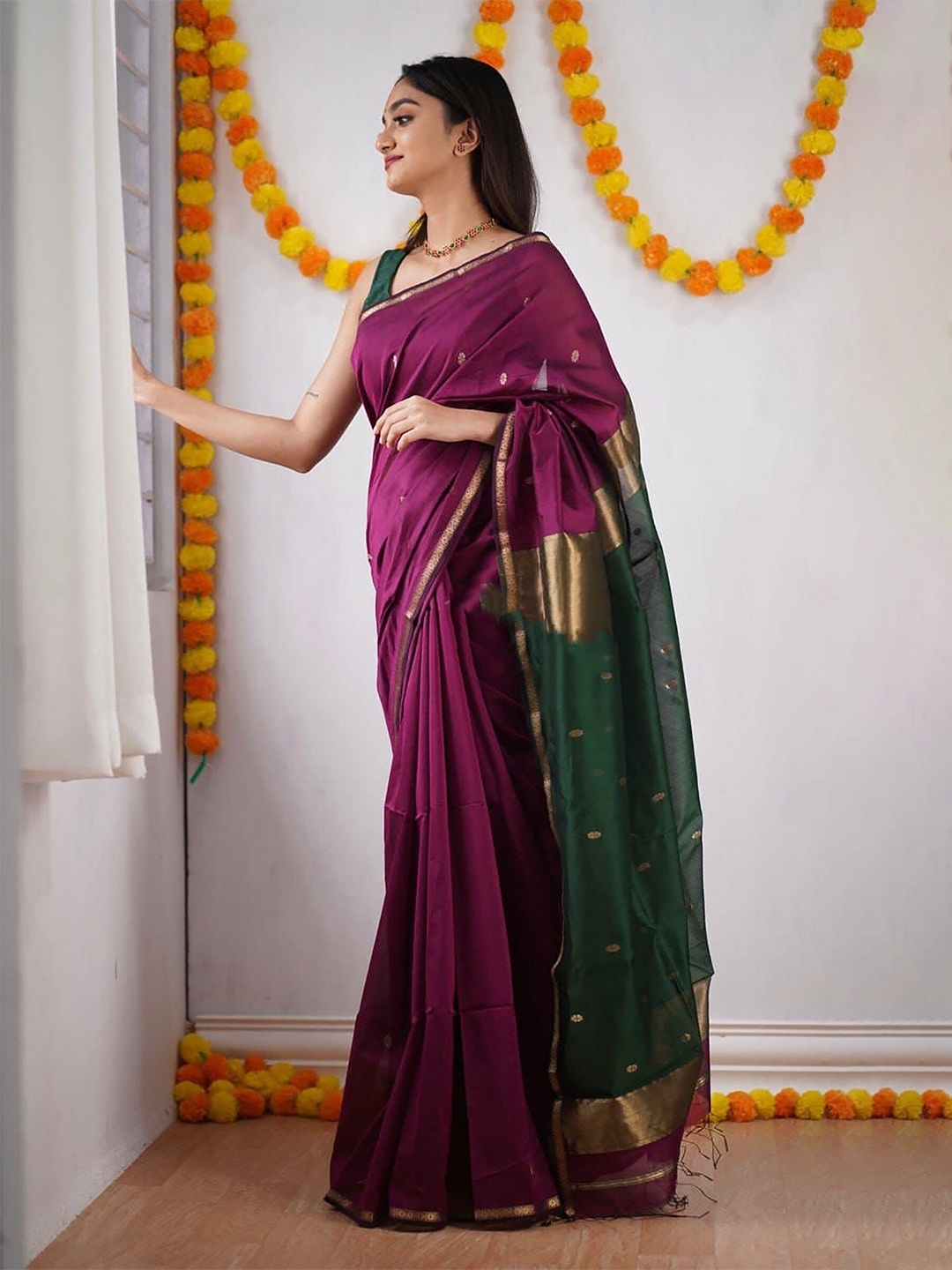 

Anjaneya Sarees Woven Design Zari Silk Blend Banarasi Saree, Purple