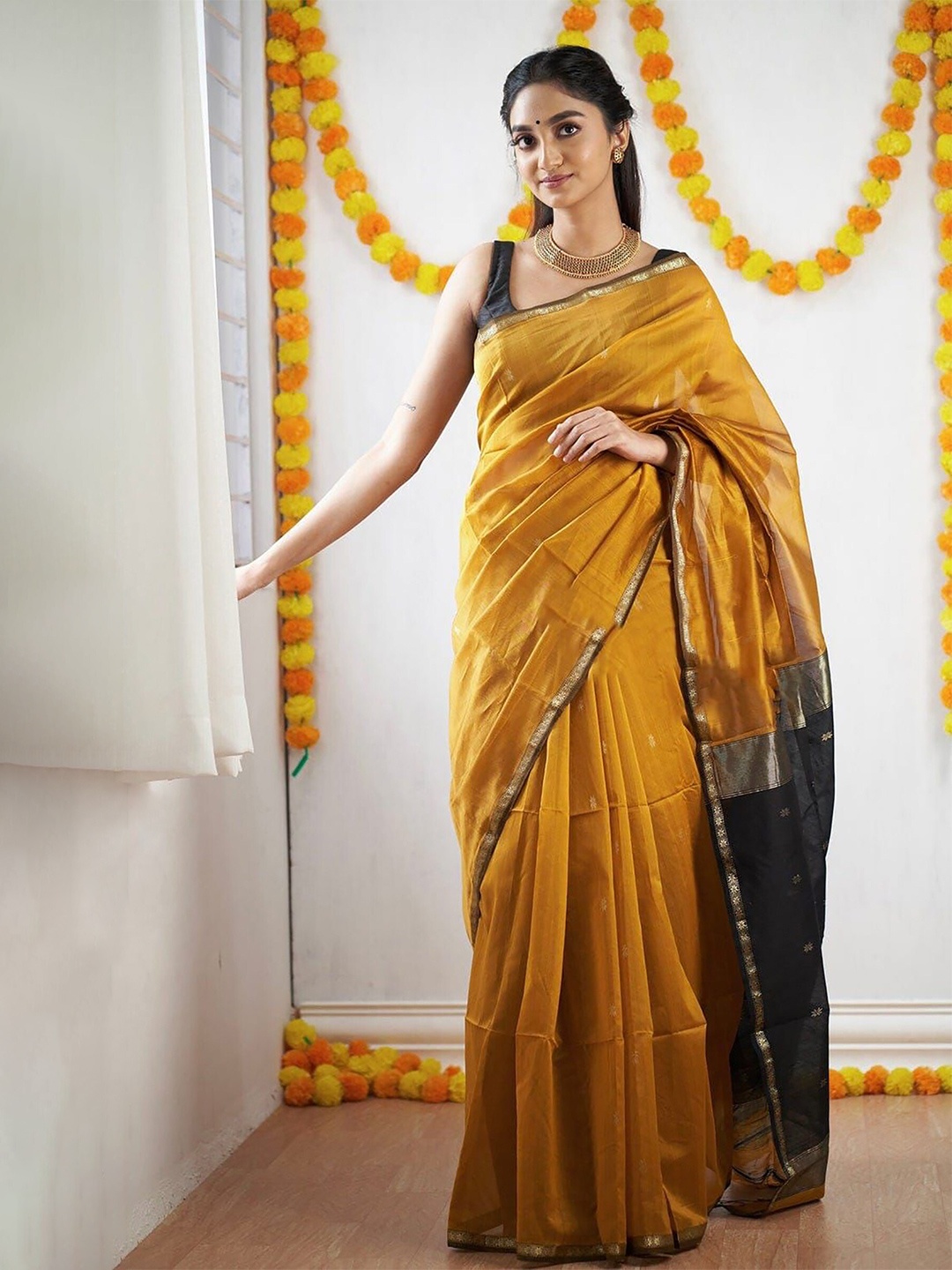 

Anjaneya Sarees Ethnic Motifs Woven Design Zari Silk Blend Banarasi Saree, Yellow