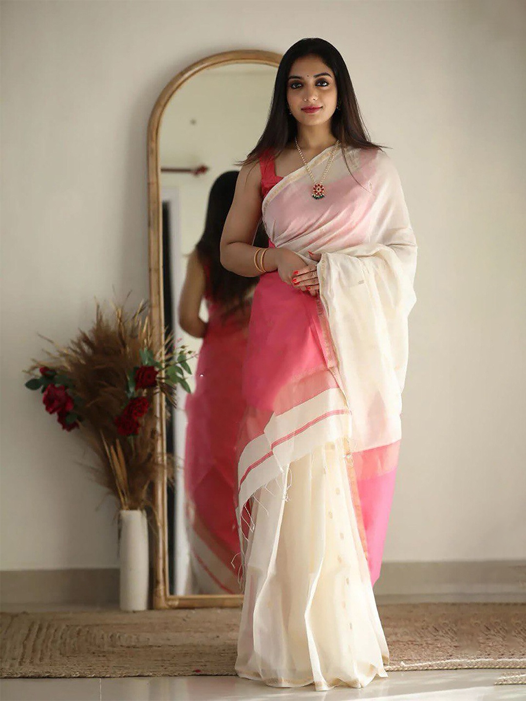 

Anjaneya Sarees Ethnic Woven Design Zari Banarasi Saree, White