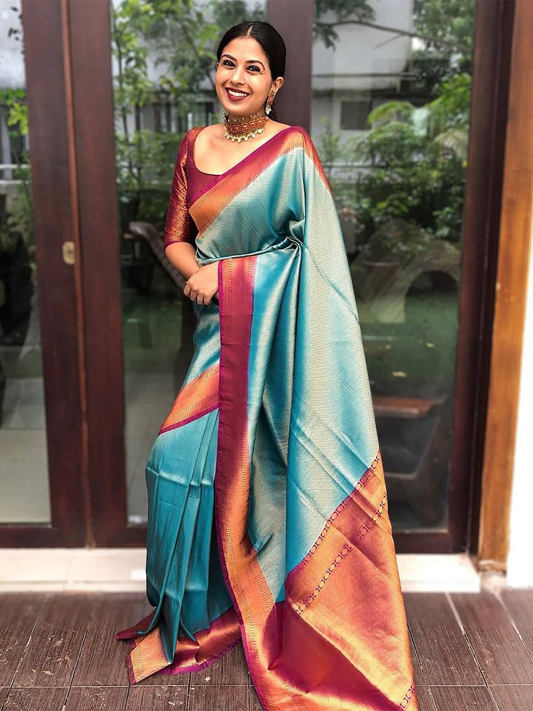 

Anjaneya Sarees Ethnic Motifs Woven Design Zari Silk Blend Banarasi Saree, Teal