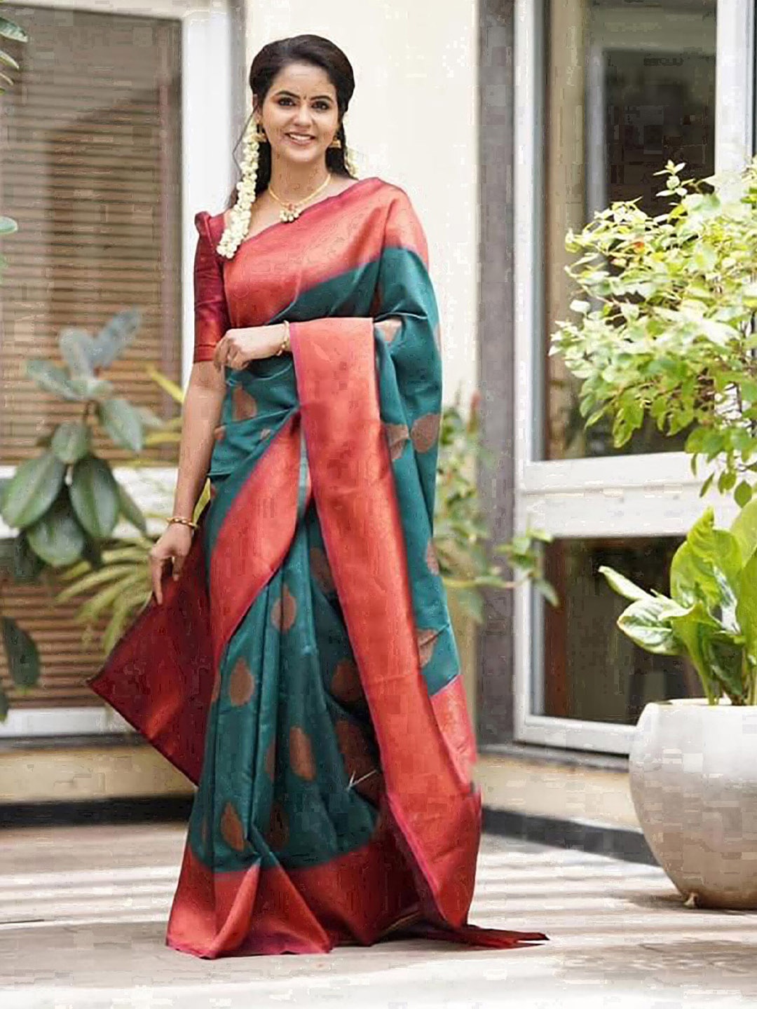 

Anjaneya Sarees Woven Design Zari Silk Blend Banarasi Saree, Green