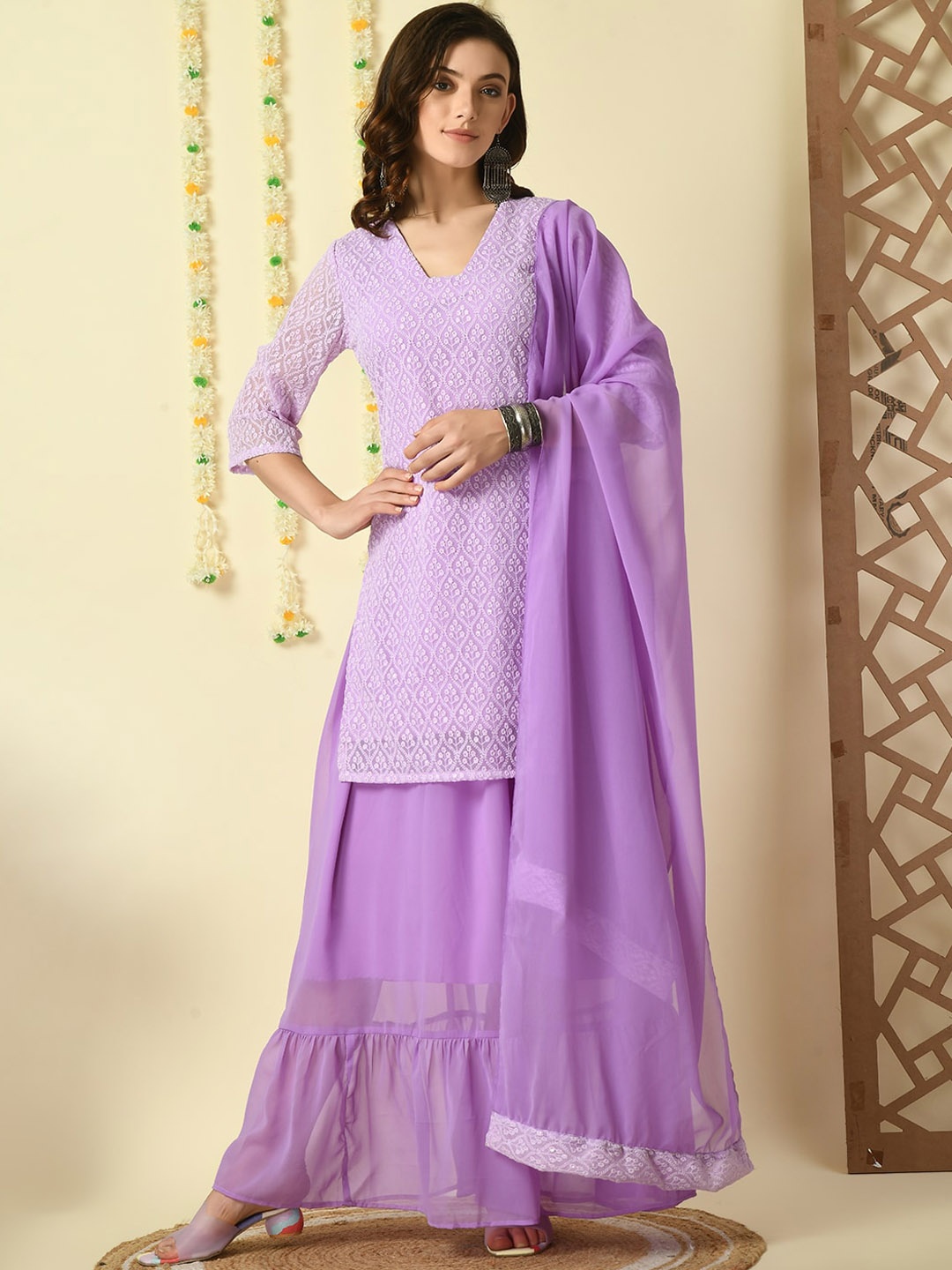 

KALINI Floral Embroidered V-Neck Thread Work Kurti with Skirt & With Dupatta, Purple