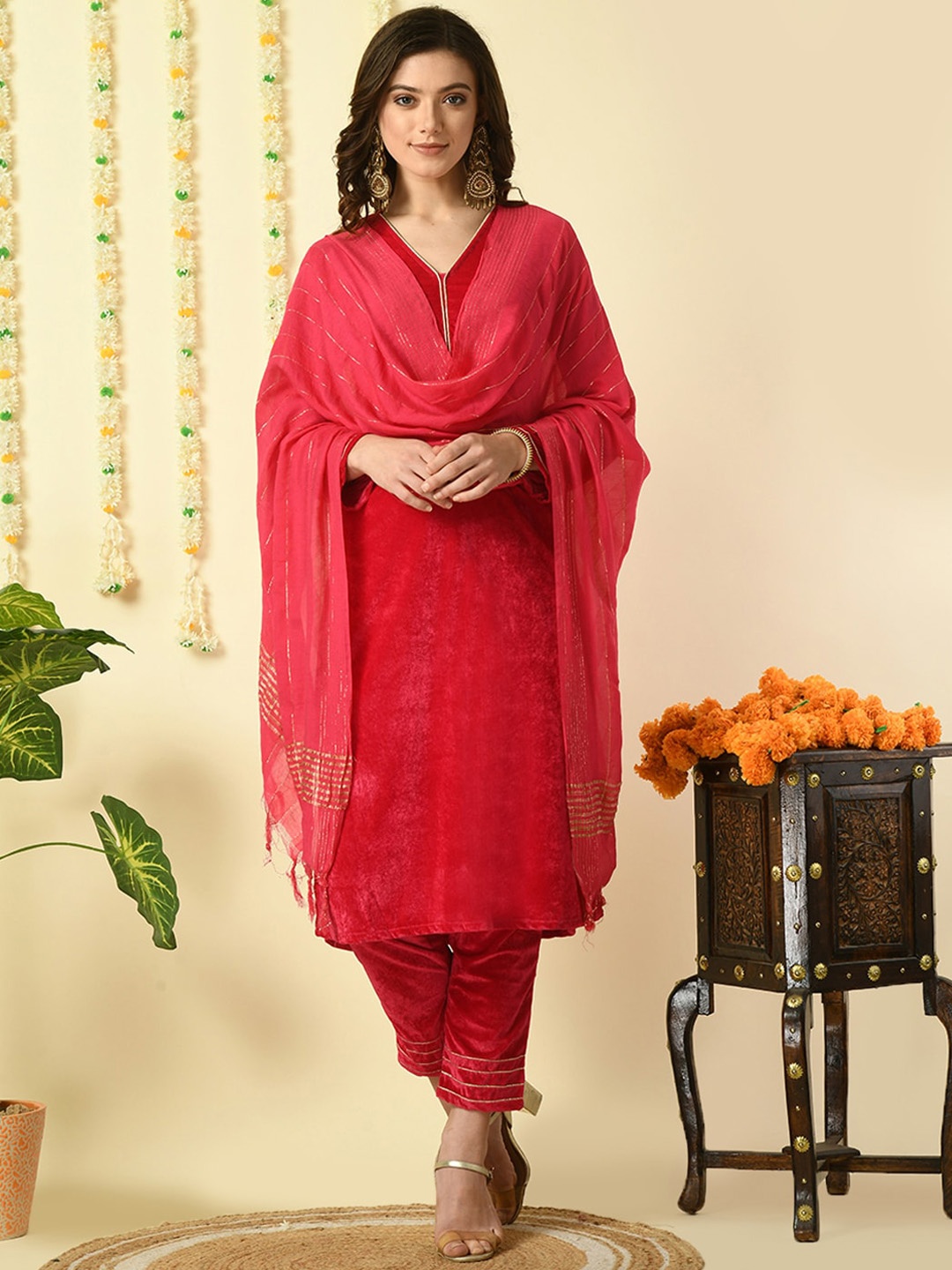 

KALINI V-Neck Gotta Patti Velvet Straight Kurta With Trouser & Dupatta, Pink