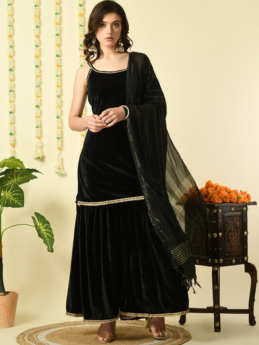 

KALINI Shoulder Straps Velvet Straight Kurti with Sharara & With Dupatta, Black