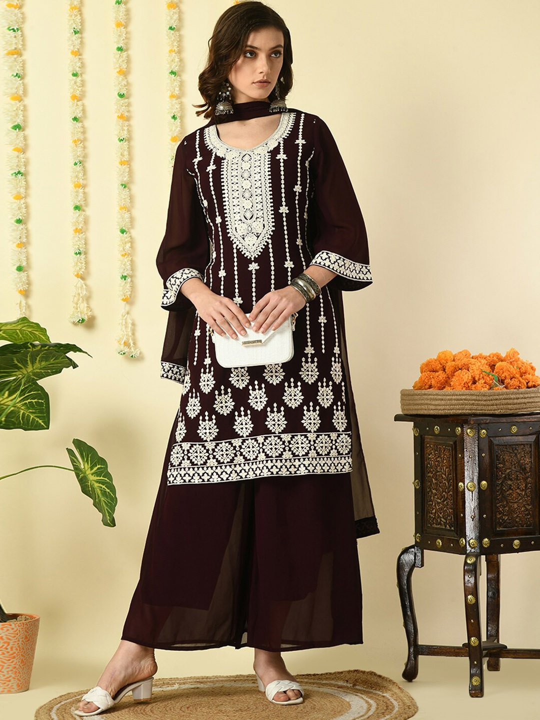 

KALINI Ethnic Motifs Embroidered Thread Work Straight Kurta & Palazzo With Dupatta, Coffee brown