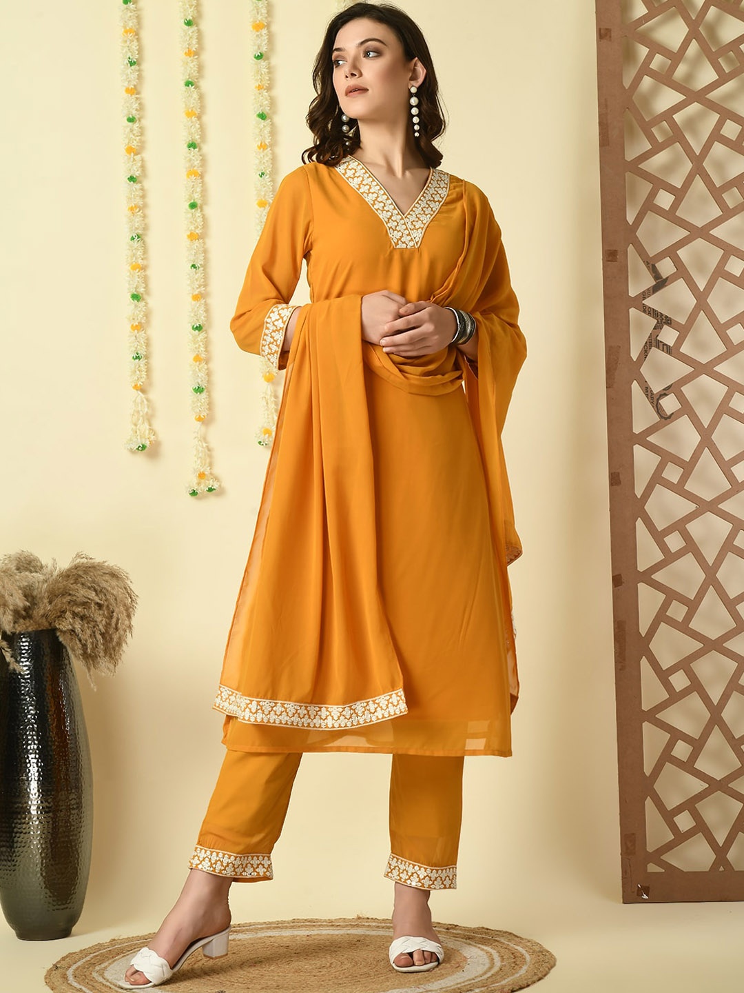 

KALINI Yoke Design Straight Kurta & Trousers With Dupatta, Mustard