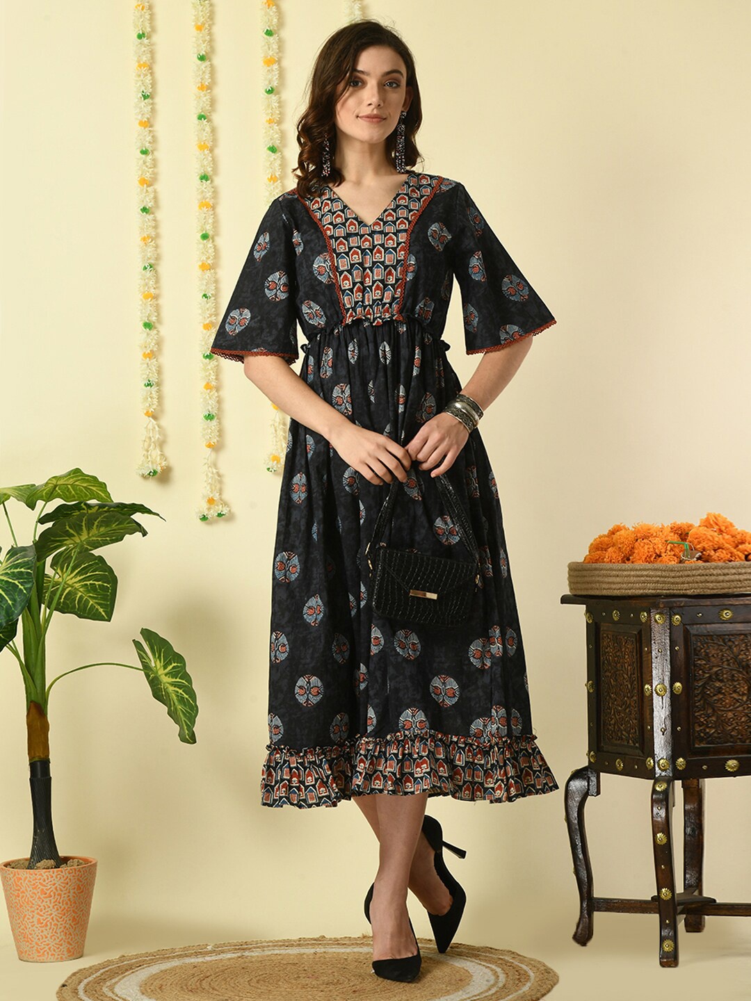 

KALINI Women's Ethnic Motifs Print Flared Sleeve A-Line Midi Party Dress, Black
