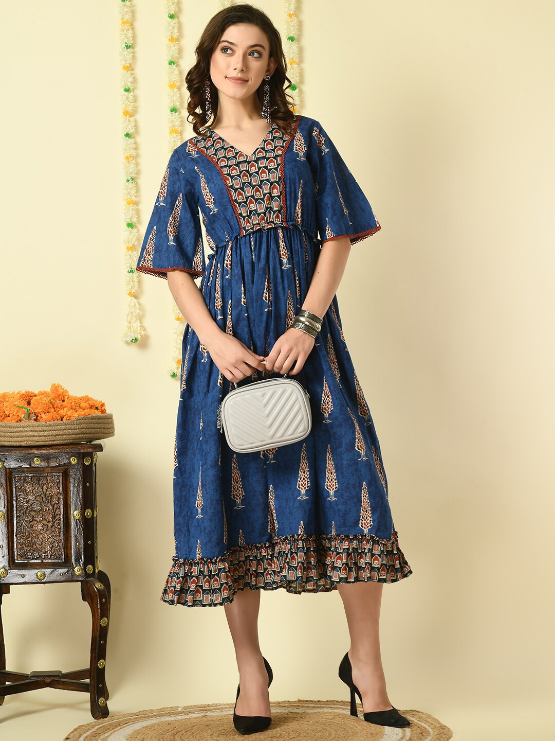 

KALINI Women's Ethnic Motifs Print Flared Sleeve A-Line Midi Party Dress, Blue