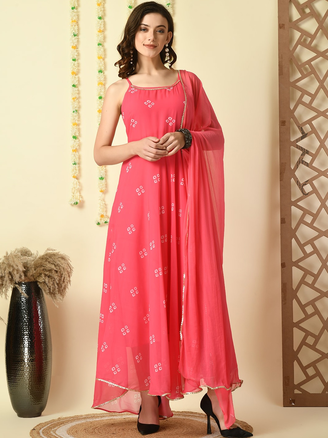 

KALINI Women Printed Mirror Work Georgette Anarkali Kurta, Pink