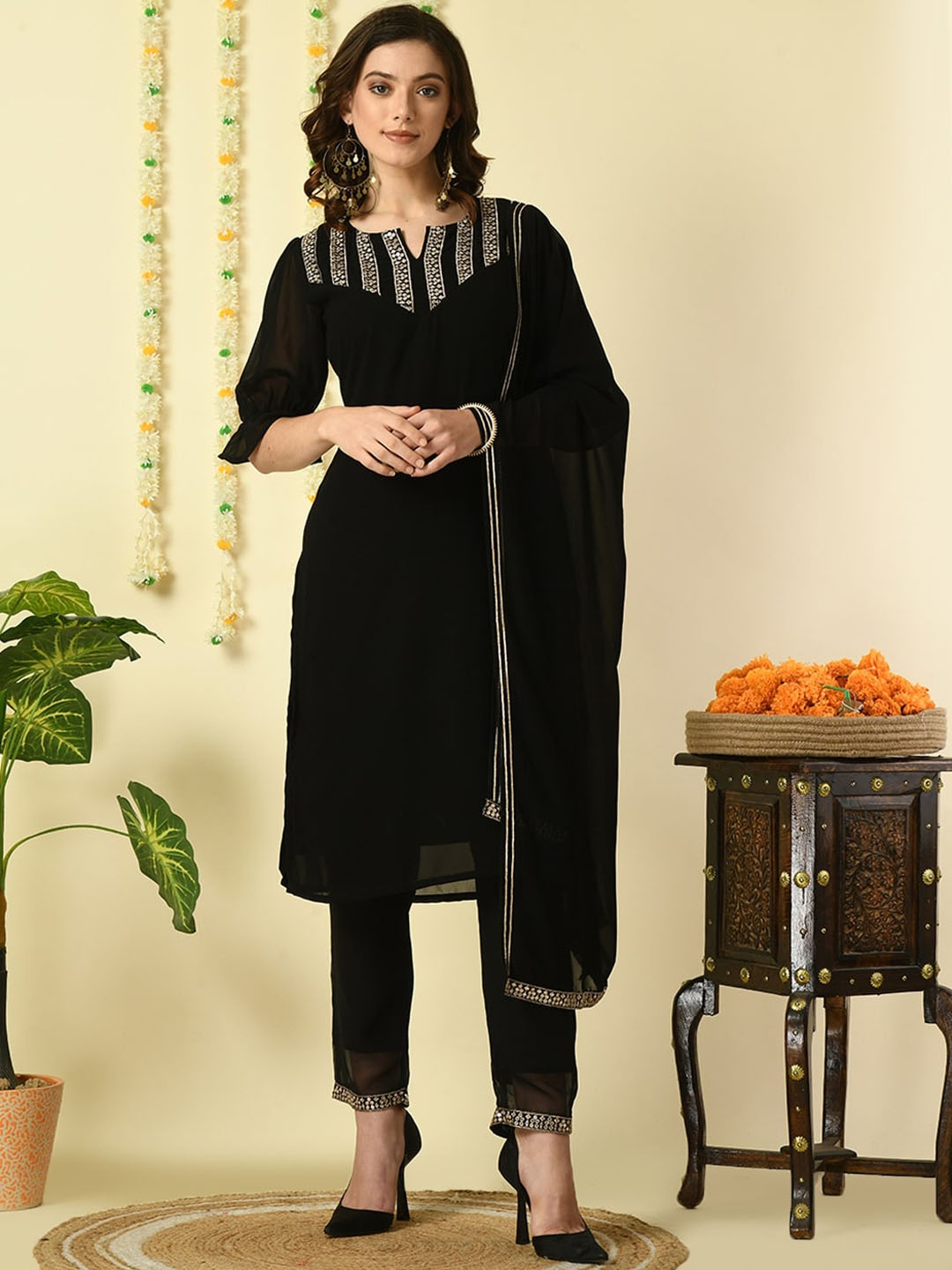 

KALINI Notch Neck Puff Sleeves Sequined Straight Kurta with Trousers & Dupatta, Black