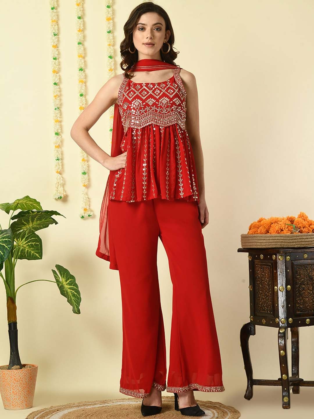 

KALINI Ethnic Motifs Embroidered Empire Sequinned A-Line Kurti with Palazzos With Dupatta, Red