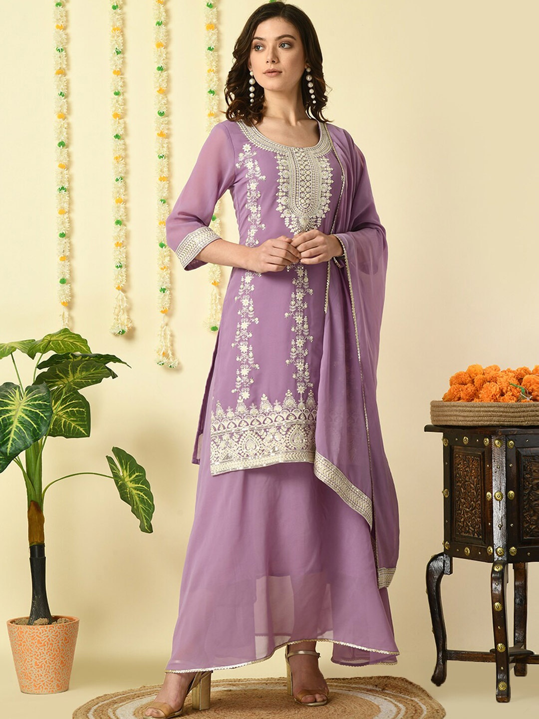 

KALINI Ethnic Motifs Embroidered Sequinned Detail Straight Kurta & Skirt With Dupatta, Purple