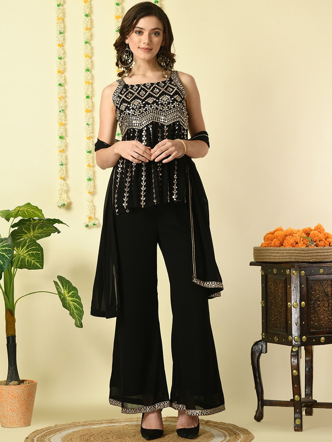 

KALINI Shoulder Straps Ethnic Motifs Embroidered Empire Top with Palazzos & Dupatta, Black