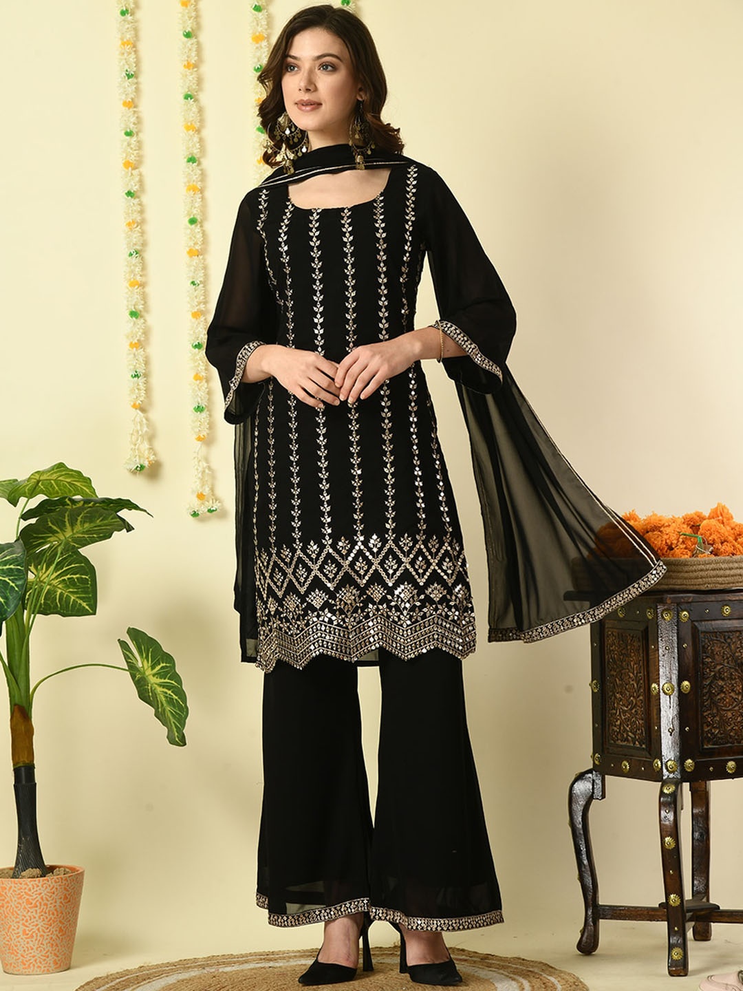 

KALINI Ethnic Motifs Embroidered Straight Kurta & Palazzos With Dupatta, Black