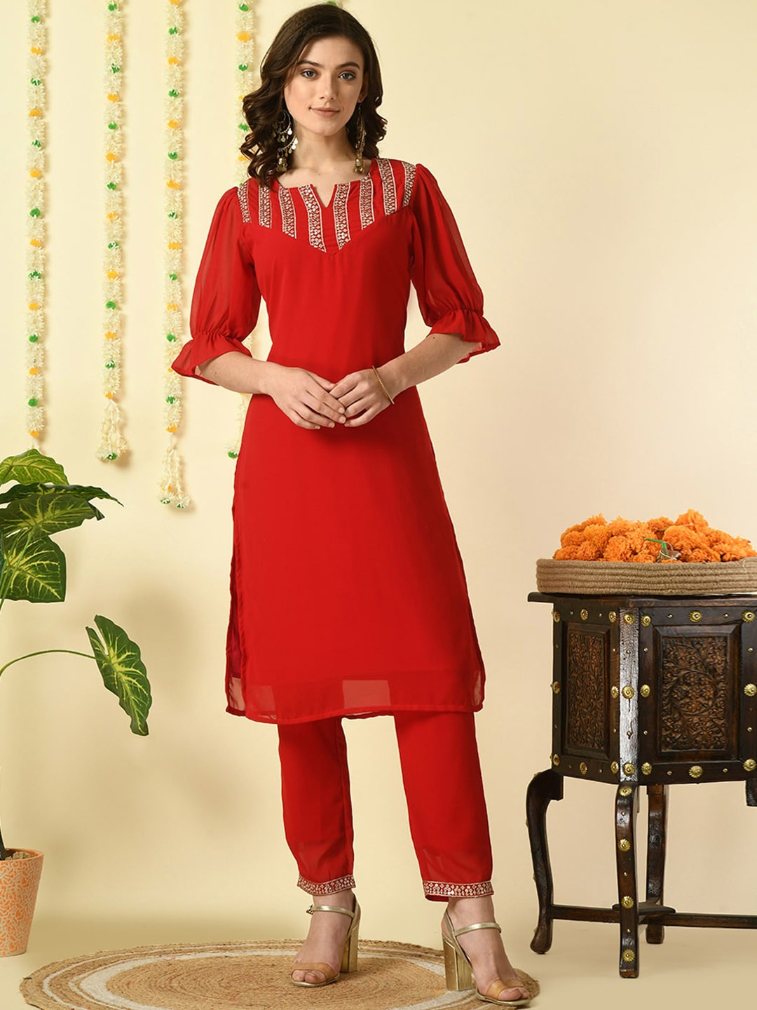 

KALINI Embroidered Notch Neck Kurta with Trousers, Red