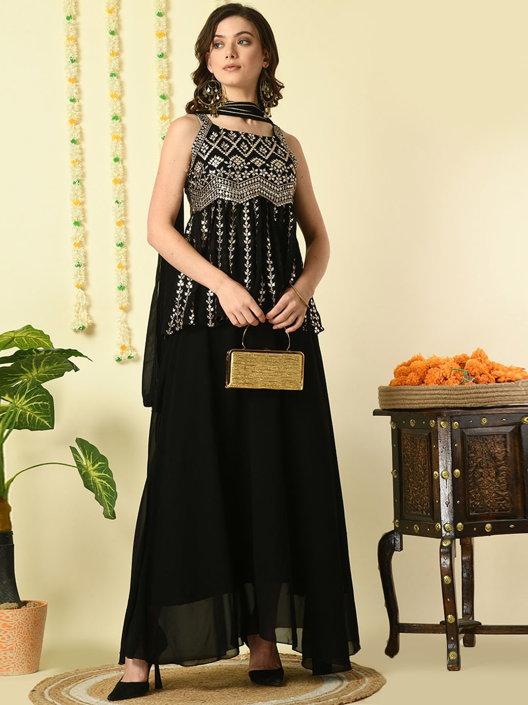 

KALINI Ethnic Motif Embroidered Empire Sequinned A-Line Kurti & Skirt With Dupatta, Black