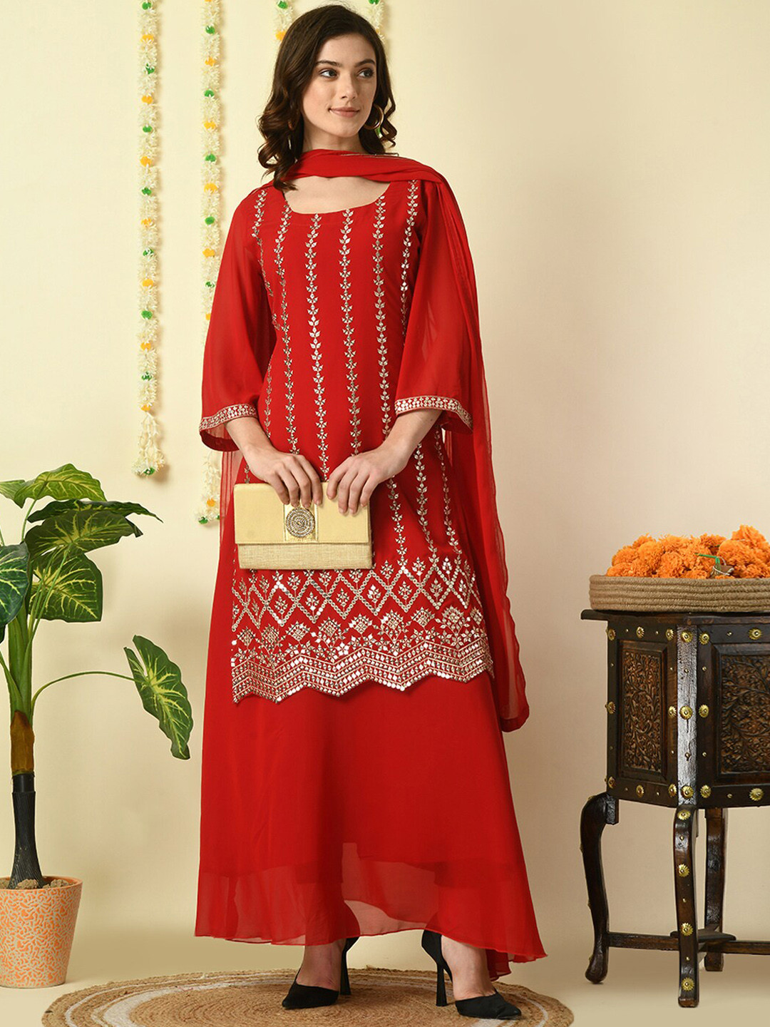 

KALINI Round Neck Bell Sleeves Sequined Embroidered Straight Kurta with Skirt & Dupatta, Red