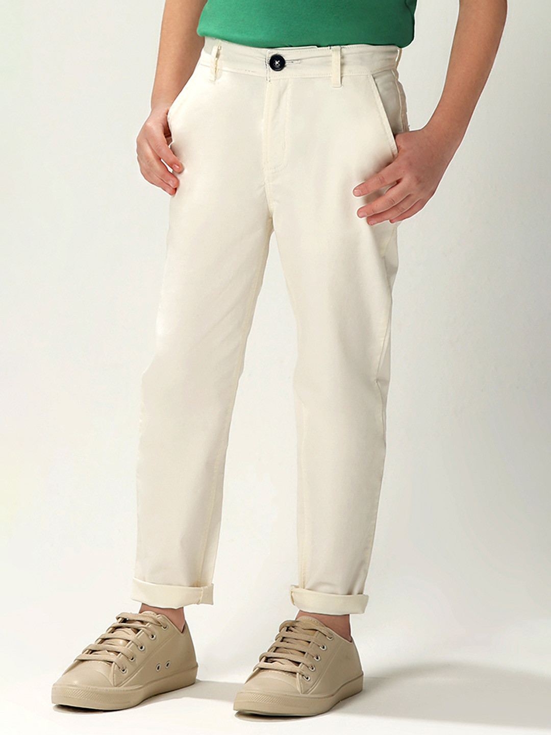 

One Friday Boys Solid Mid-Rise Regular Fit Chinos Trousers, Off white