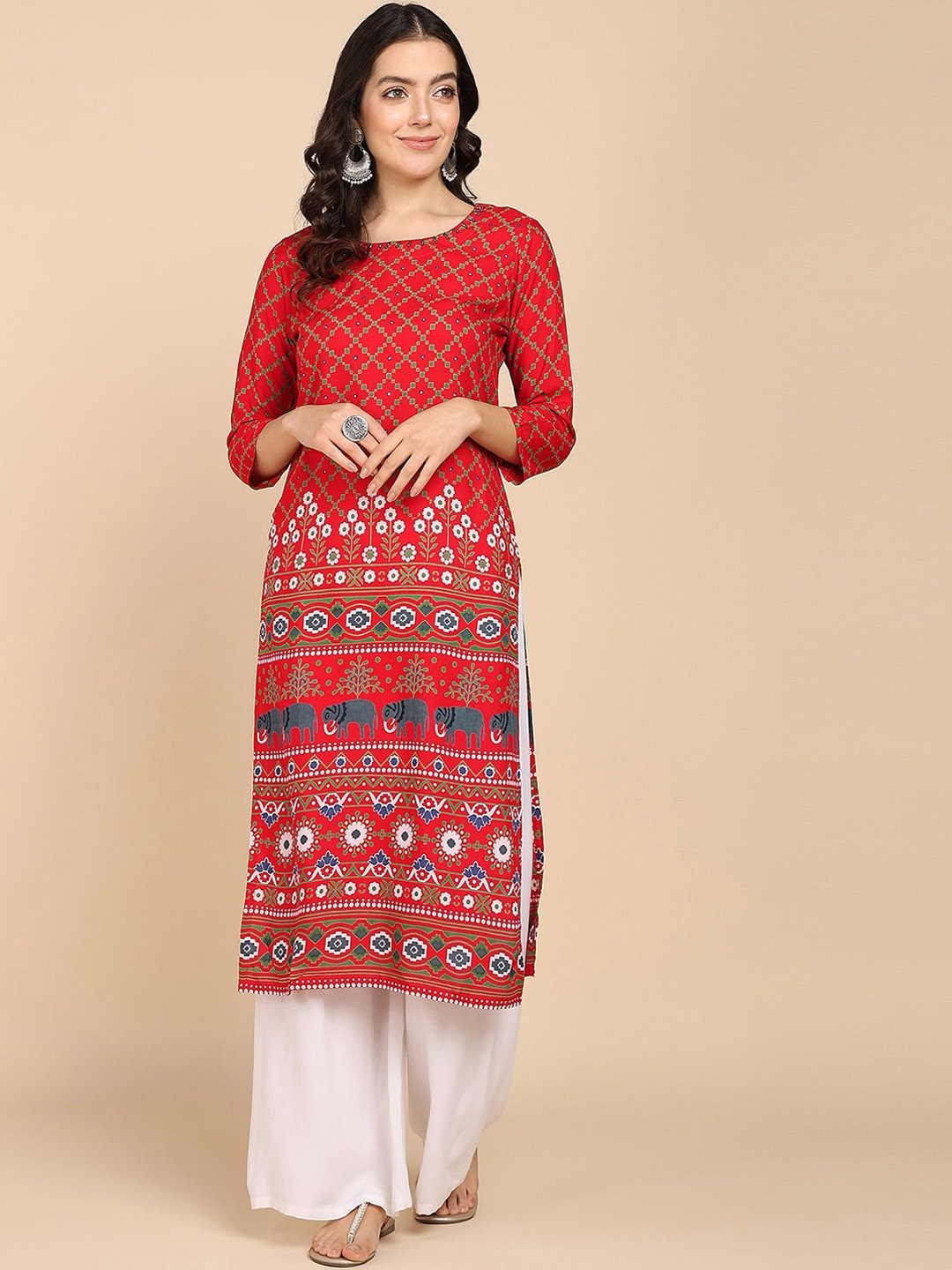 

VAHSON Ethnic Motifs Embroidered Beads and Stones Straight Kurta, Red