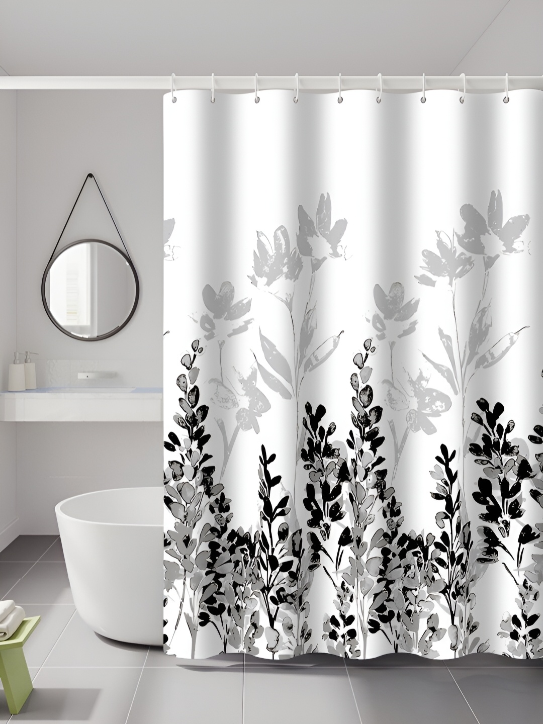 

RUDRANI White & Grey Printed Waterproof Shower Curtain