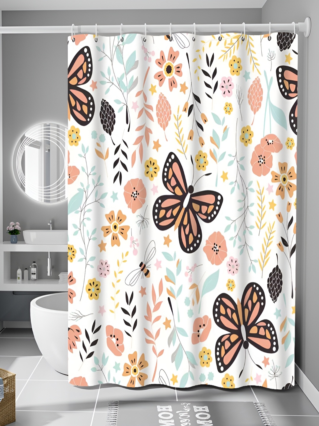 

RUDRANI White & Brown Printed waterproof Shower Curtain