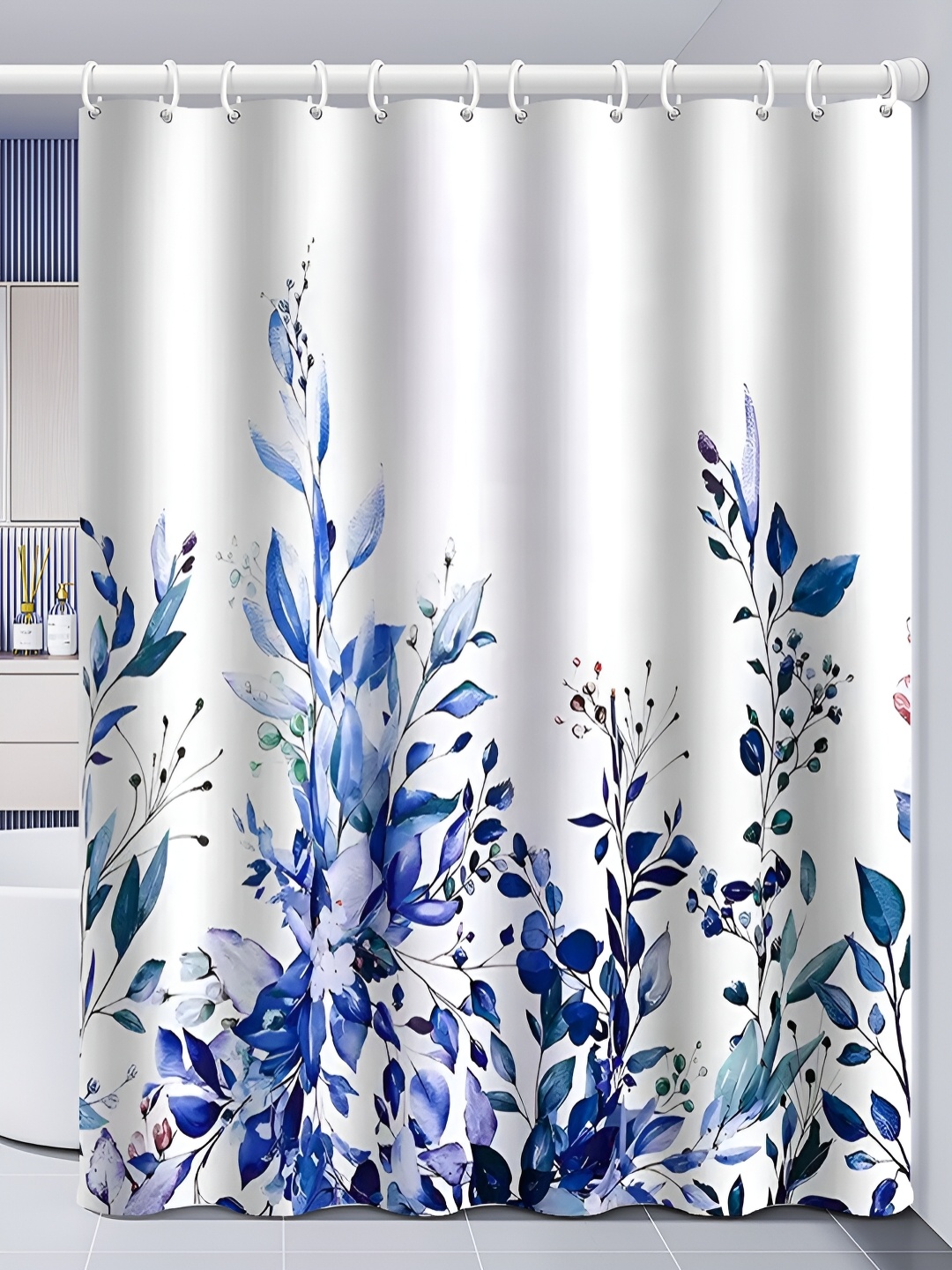 

RUDRANI White & Blue Printed Waterproof Shower Curtain