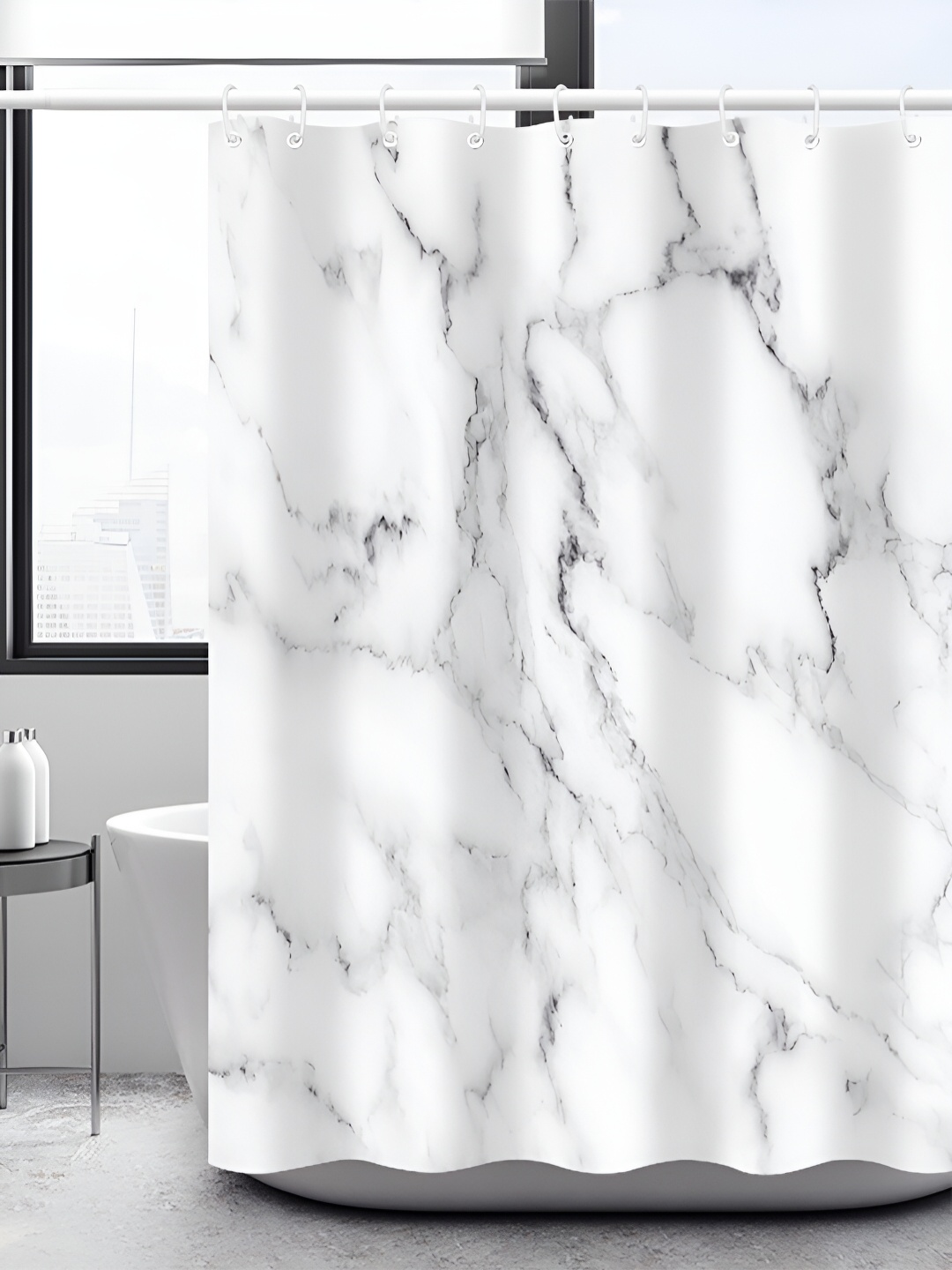 

RUDRANI White & Grey Printed Waterproof Shower Curtain