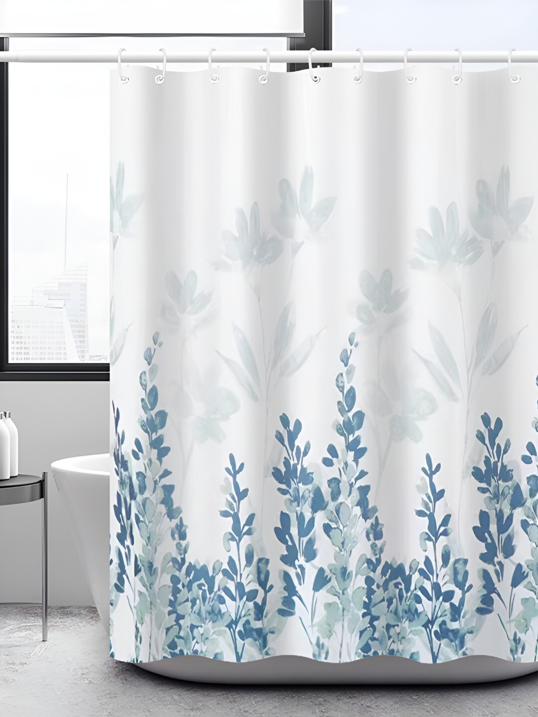 

RUDRANI White & Grey Printed Waterproof Shower Curtain