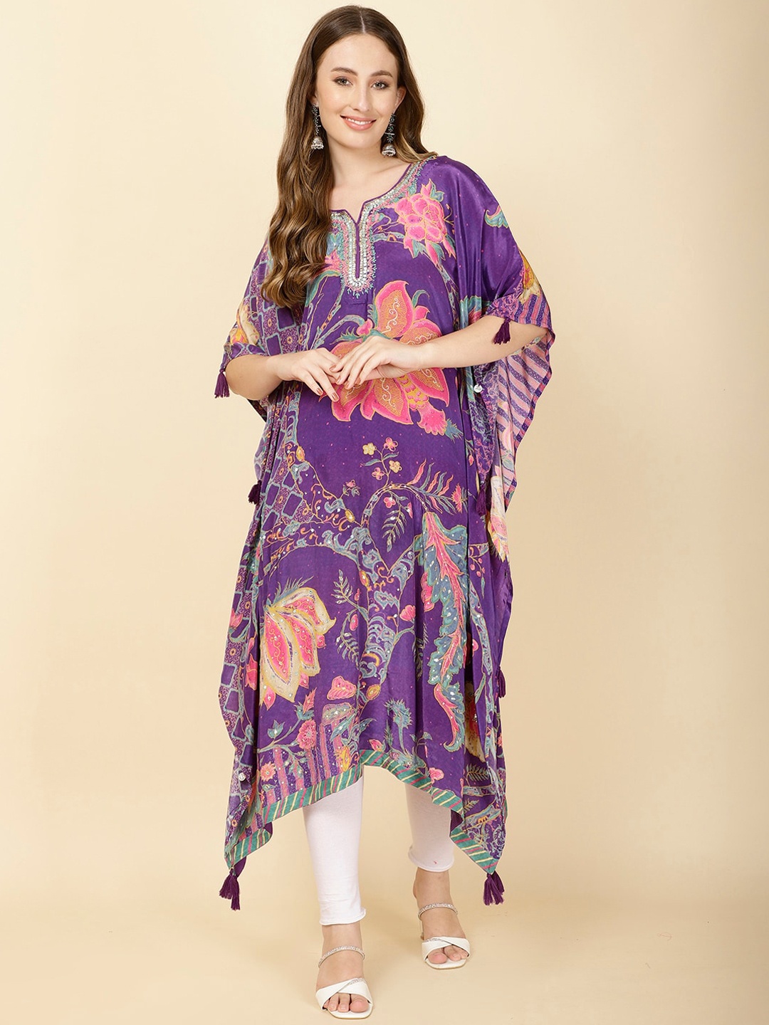 

Meena Bazaar Women Printed Flared Sleeves Crepe Kaftan Kurta, Purple