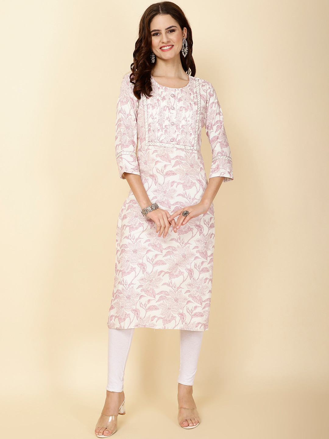 

Meena Bazaar Round Neck Floral Printed Sequinned Kurta, Cream