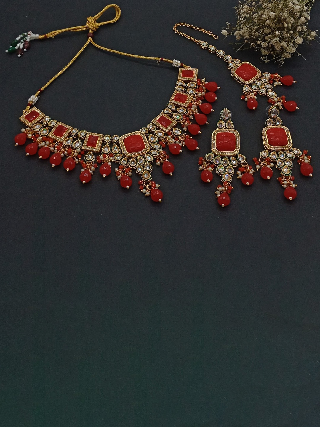 

AASHISH IMITATION Gold Plated American Diamond Studded & Beaded Jewellery Set