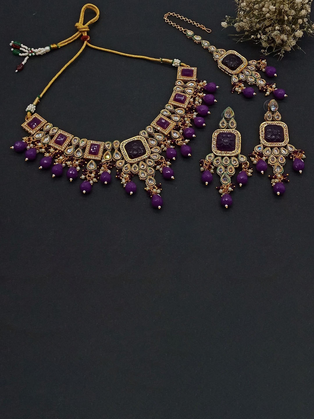 

AASHISH IMITATION Gold-Plated American Diamond & Beaded Jewellery Set