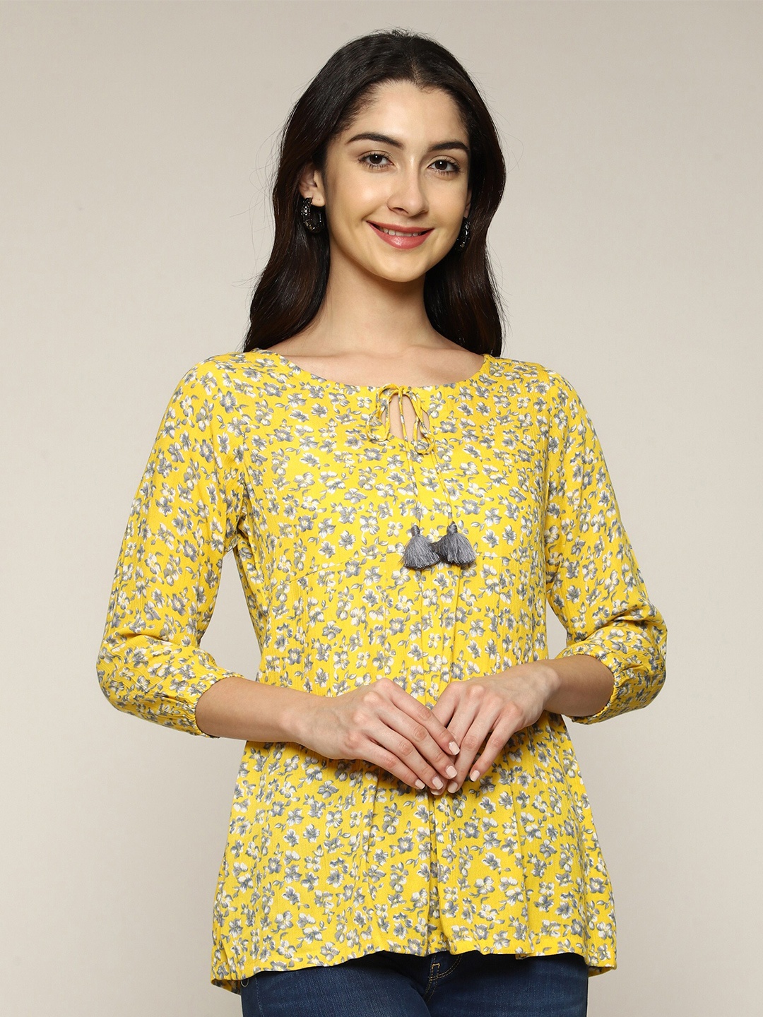

KALINI Floral Print Tie-Up Neck Top, Yellow