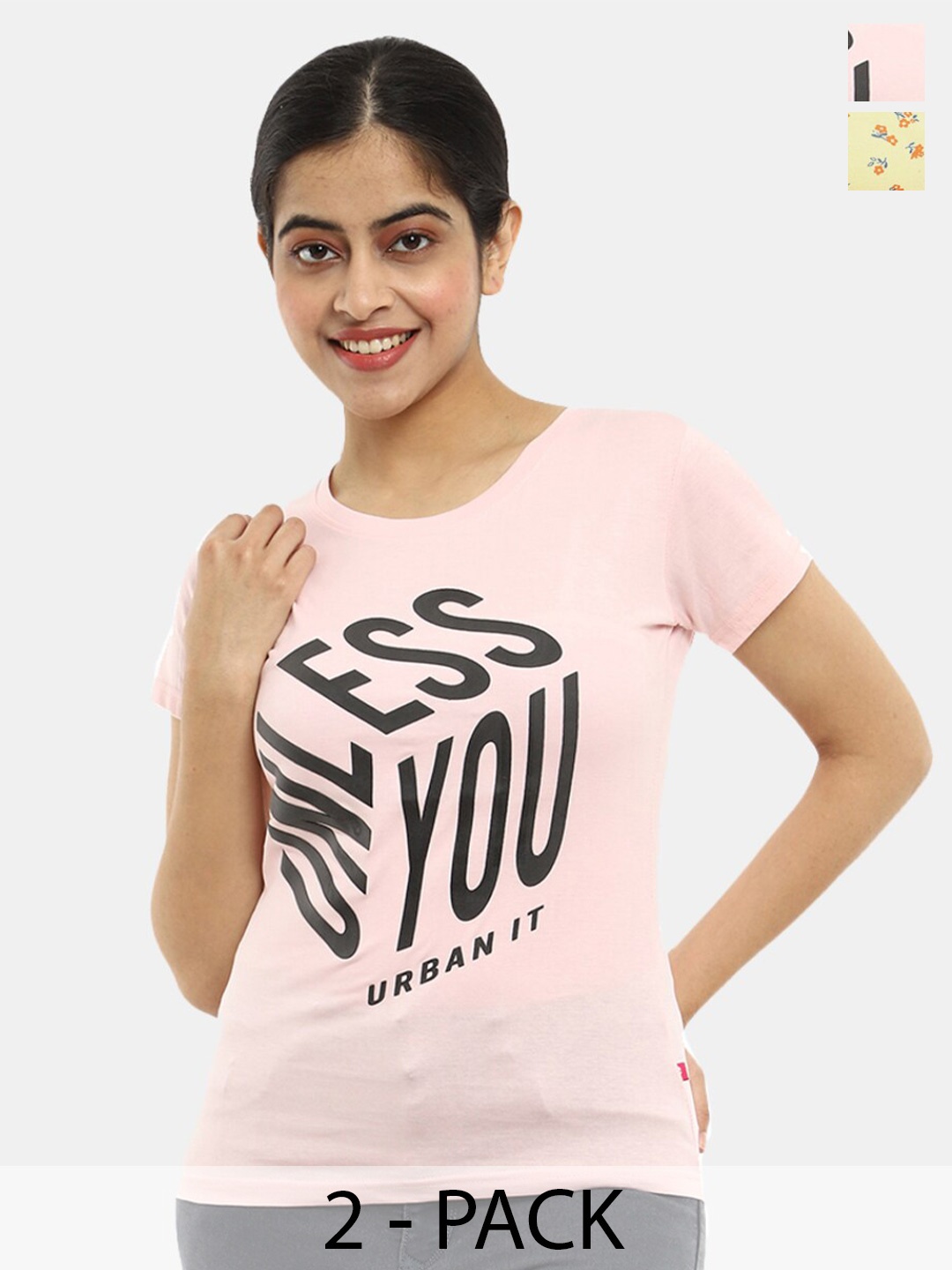

V-Mart Women Typography 3 Printed Applique T-shirt, Yellow