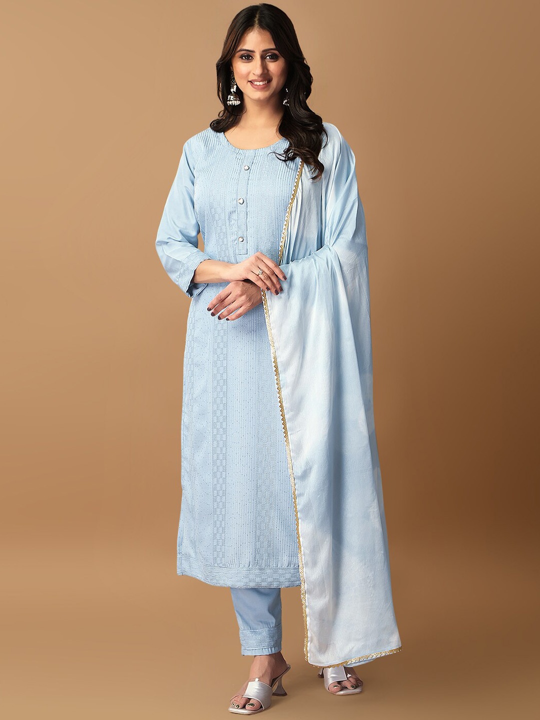 

STH Geometric Embroidered Kurta & Trousers With Dupatta, Blue