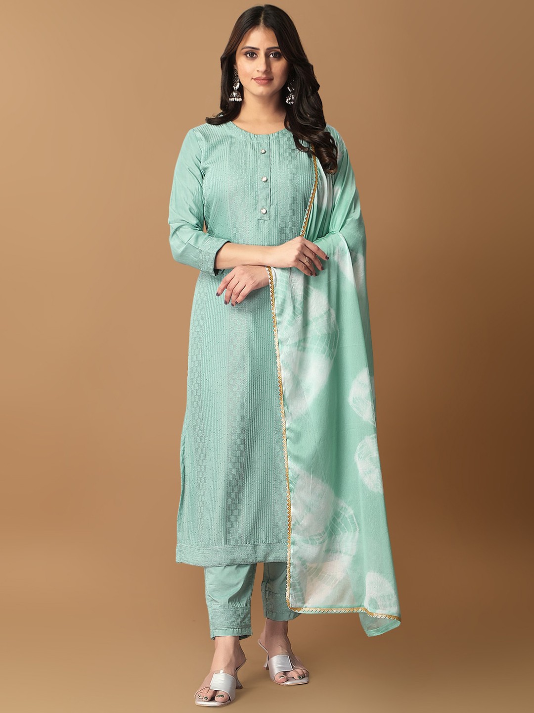 

STH Geometric Embroidered Kurta & Trousers With Dupatta, Green