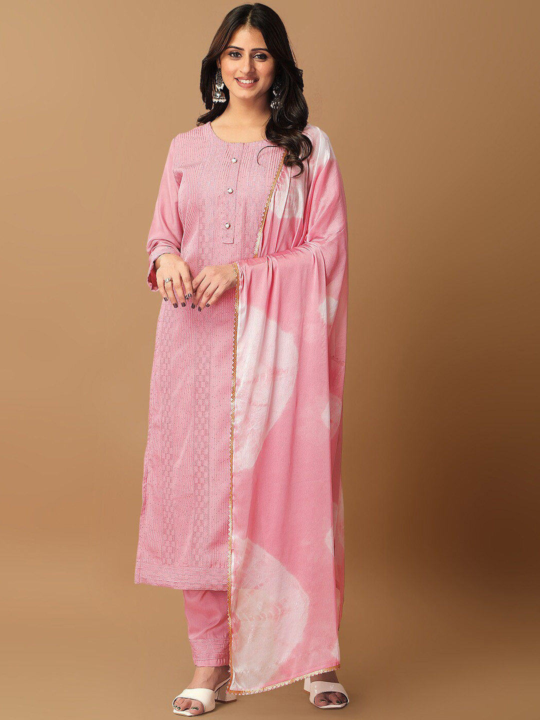

STH Striped Embroidered Regular Sequinned Kurta With Trousers & Dupatta, Pink