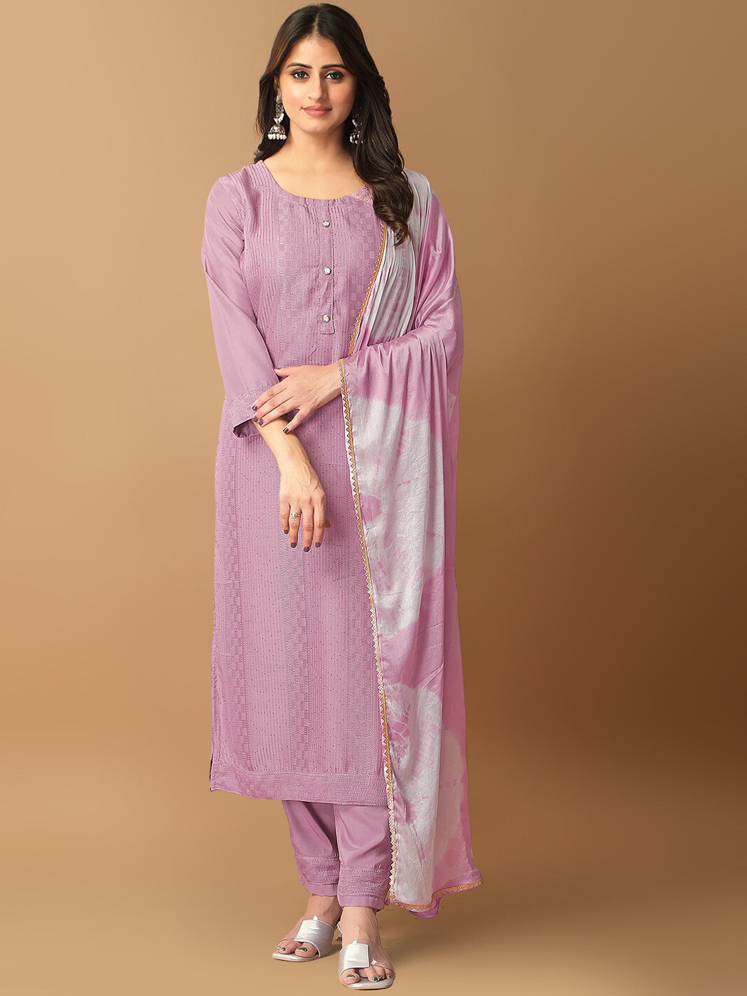 

STH Striped Embroidered Regular Sequinned Kurta With Trousers & Dupatta, Pink
