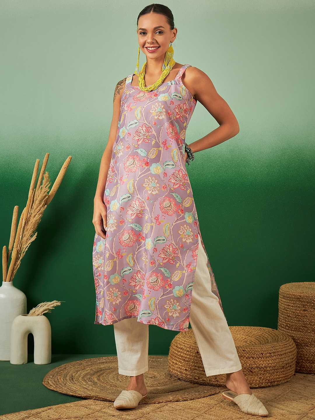 

Sangria Floral Digital Printed Shoulder Strap Straight Kurta, Grey