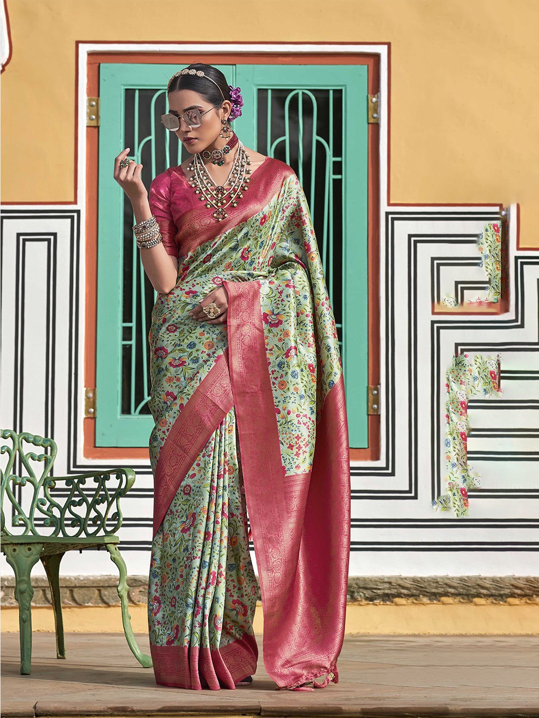 

Mitera Floral Woven Design Kanjeevaram Zari Saree, Pink