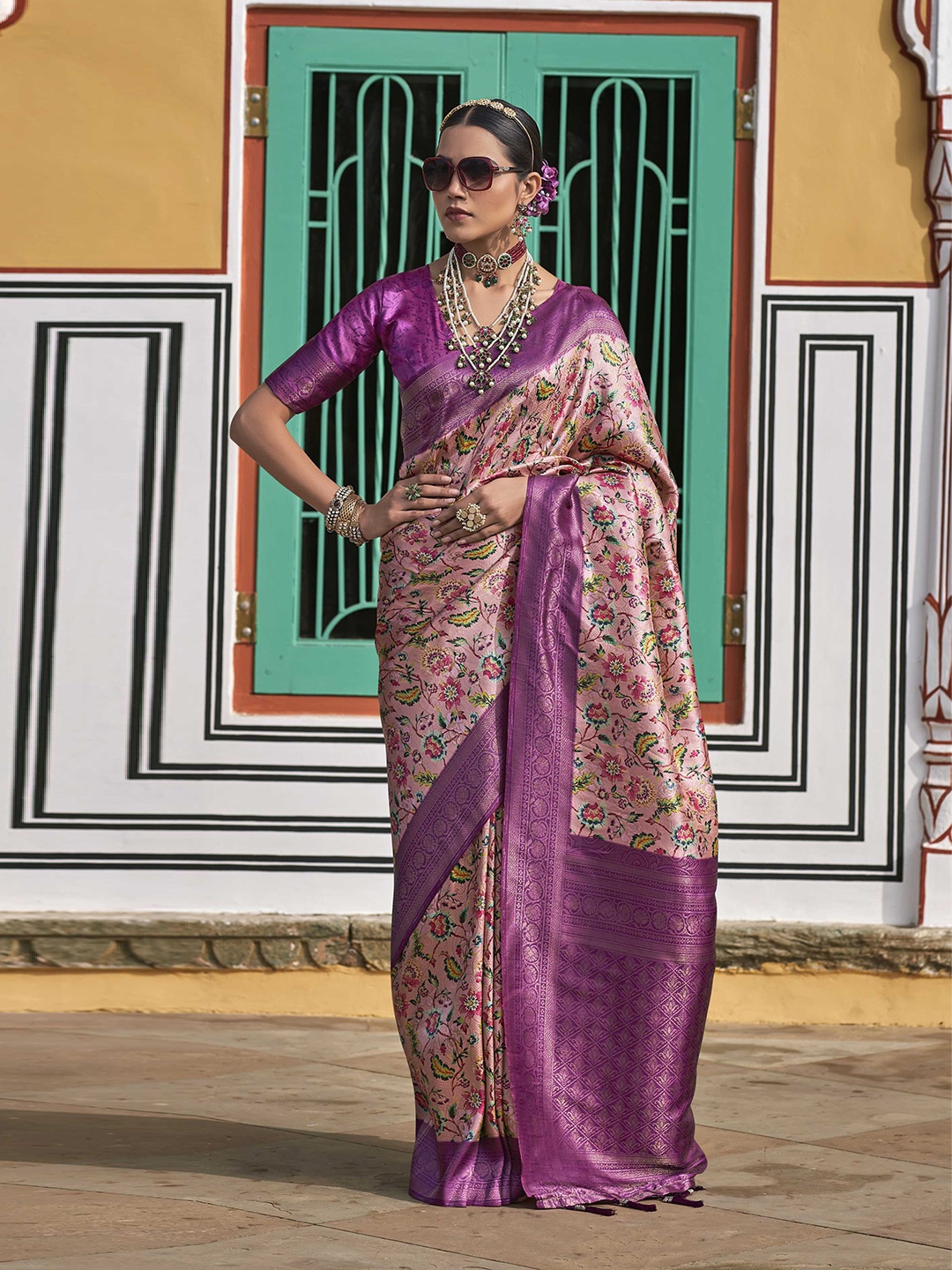 

Mitera Floral Woven Design Kanjeevaram Zari Saree, Purple