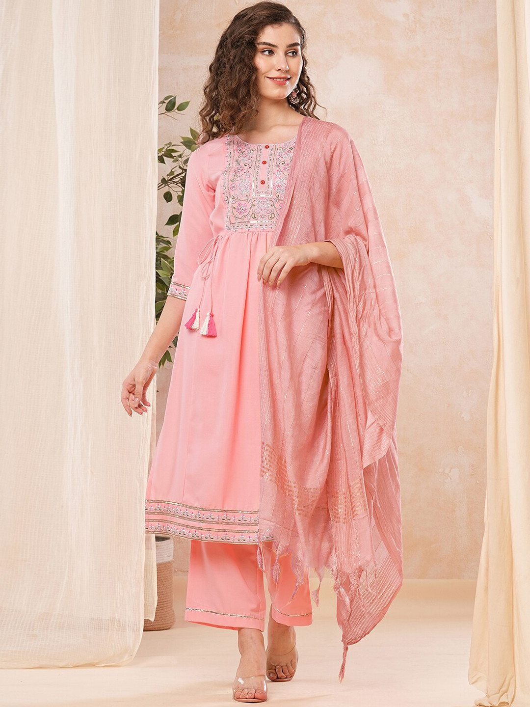 

KALINI Ethnic Motifs Yoke Design Thread Work A-Line Kurta & Trouser With Dupatta, Peach
