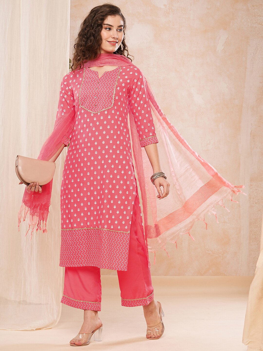

KALINI Floral Printed Notched Neck Kurta with Palazzos & With Dupatta, Pink