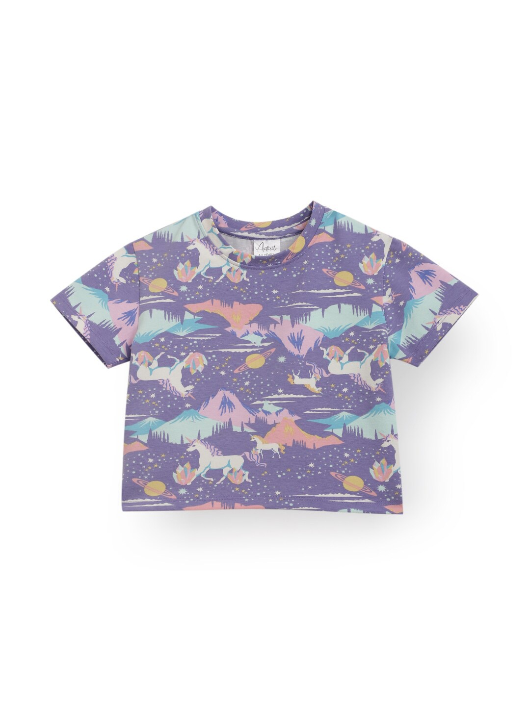 

Anthrilo Girls Floral Printed Tropical Pockets T-shirt, Purple
