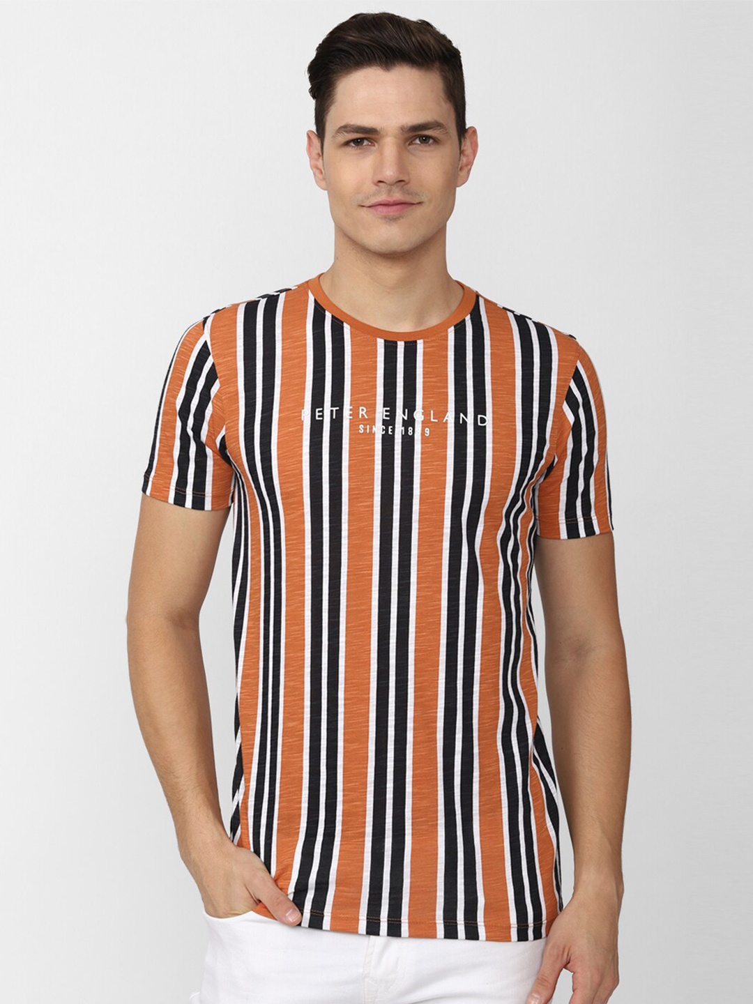 

Peter England Casuals Men Striped Pockets Slim Fit T-shirt, Multi